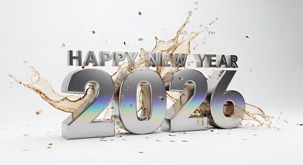 Celebrate the New Year 2026 with dynamic champagne splash and golden confetti!