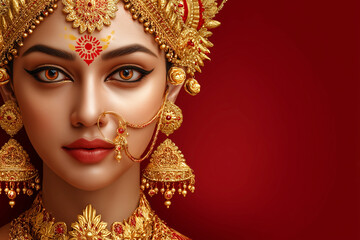 A woman wearing gold jewelry and a red dress