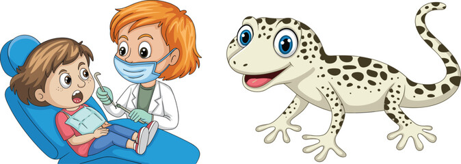 Cartoon dentist examining child, dental checkup scene, anxious girl, gecko illustration, reptile character, white background, educational kids art