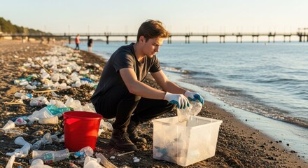 Ocean Clean-Up: A dedicated individual collects plastic waste from a sandy beach, embodying environmental responsibility and highlighting the vital work of coastal conservation.