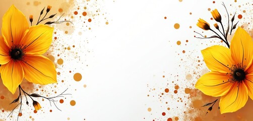 Bright yellow flowers bloom with dark stems against a white background. Orange and gold dots scatter around the floral elements creating a festive and elegant feel.