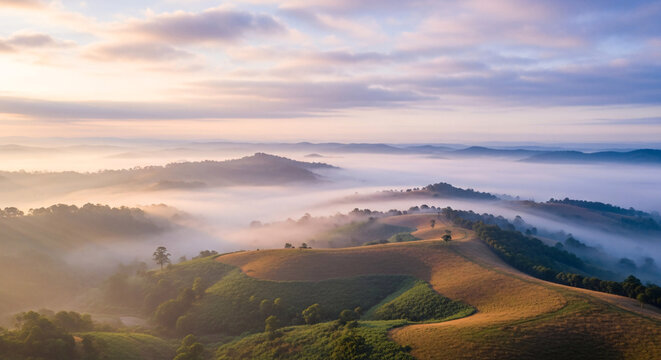 Rolling Hills Covered in Fog at Sunrise, Misty Morning Landscape View