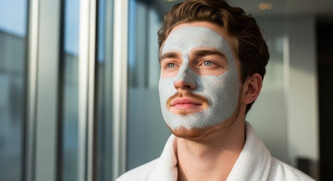 Serene Skincare Ritual: A tranquil man, face masked, gazes pensively, embracing self-care and relaxation in a light-filled spa setting.