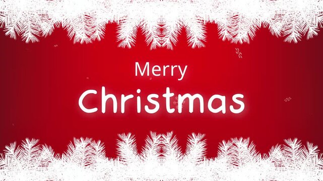 Elegant animated video Shimmering red background White apine branches move from top and bottom, in center text Merry Christmas. Soft snowflakes gently fall, creating festive atmosphere 