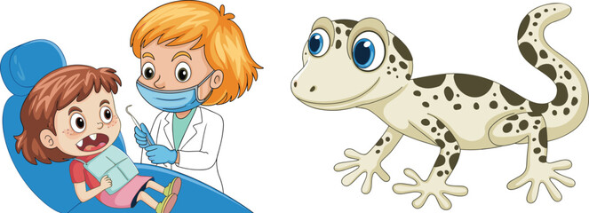 Cartoon dentist examining child, dental checkup scene, surprised girl, gecko illustration, reptile character, white background, educational kids art