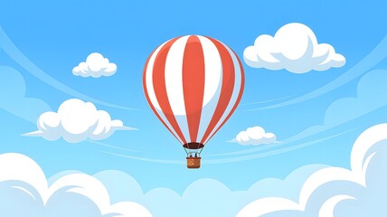 Fototapeta premium Brightly striped hot air balloon ascending through fluffy clouds