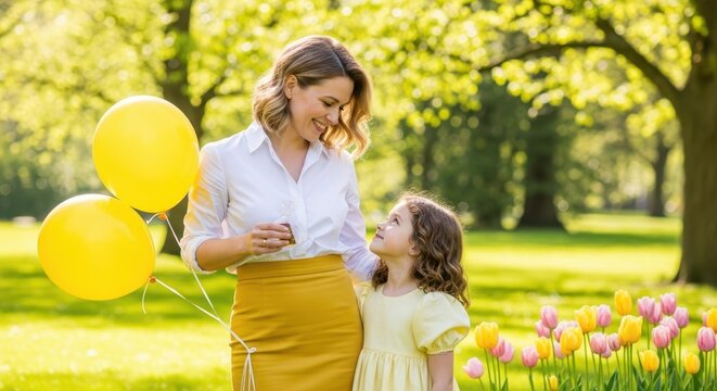 Springtime Embrace: A mother and daughter share a loving moment in a sun-drenched park, surrounded by cheerful yellow balloons, epitomizing the warmth of family bonds and the joy of springtime.