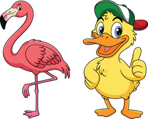 Cartoon duck and flamingo, colorful birds, kids illustration, tropical animal, thumbs up duck, pink flamingo, white background, cheerful pose