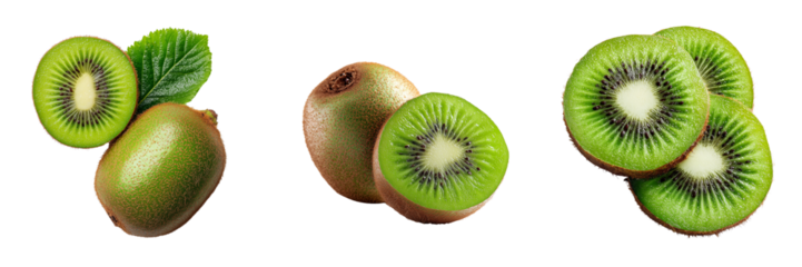 Whole and sliced kiwi fruits with green leaves isolated on a transparent background