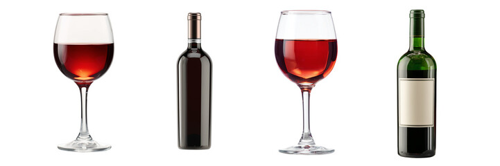 Two wine glasses filled with red liquid and two wine bottles isolated on a transparent background image