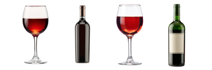 Two wine glasses filled with red liquid and two wine bottles isolated on a transparent background image