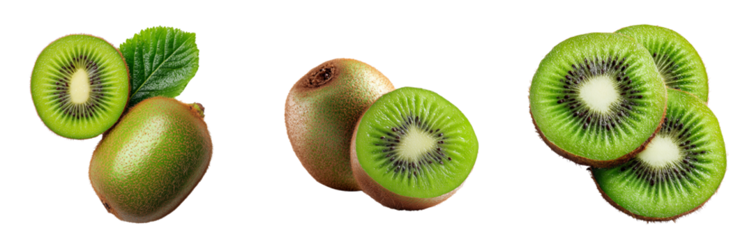 Whole and sliced kiwi fruits with green leaves isolated on a transparent background - Powered by Adobe