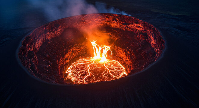 Volcanic Crater Erupting with Molten Lava Flowing in Dark Night Landscape - Powered by Adobe