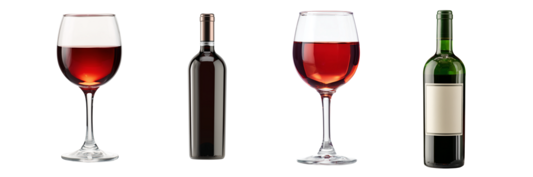 Two wine glasses filled with red liquid and two wine bottles isolated on a transparent background image