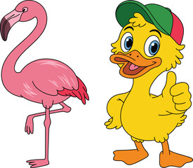 Cartoon flamingo and duck, vibrant birds, animal characters, thumbs up duck, pink flamingo, white background, cheerful scene, kids illustration