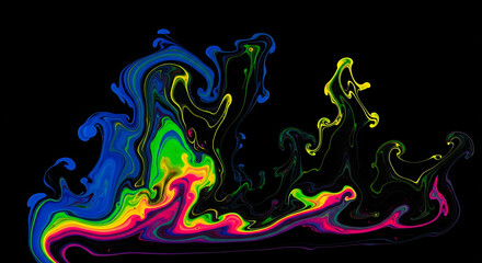Vibrant fluid art swirls with electric blue, neon green, and hot pink bursts