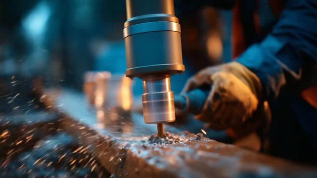 A worker operates a drilling rig for ground boring hyper realistic drill bits with clear details moody shadows on the soil bright saturation in drilling equipment ground