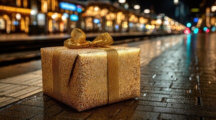 Golden Gift Box with Ribbon on Festive Street at Night