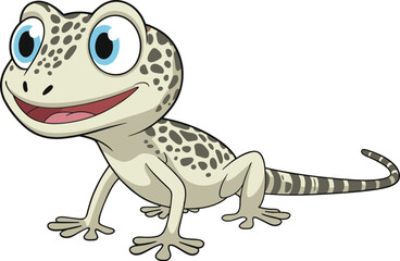 Cartoon gecko illustration, smiling reptile character, expressive blue eyes, friendly animal, vector art, children content, white background, playful design