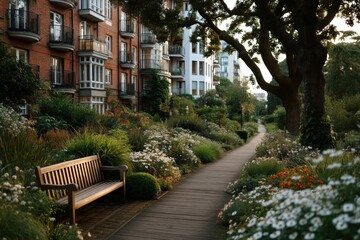 Obraz premium Residential complex features beautiful communal gardens and pathways