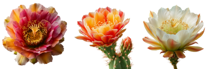 Three vibrant blooming cactus flowers in shades of pink orange and white isolated on a transparent background