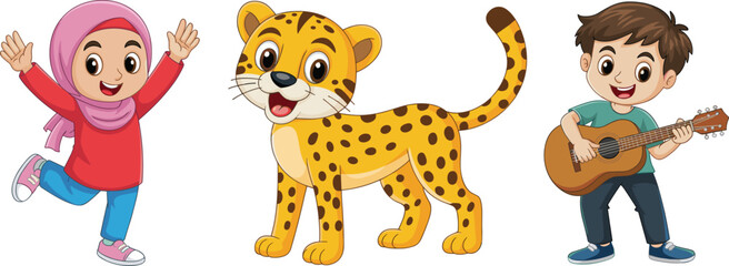 Cartoon girl in hijab, boy playing guitar, smiling leopard, joyful children, animal character, white background, educational kids illustration
