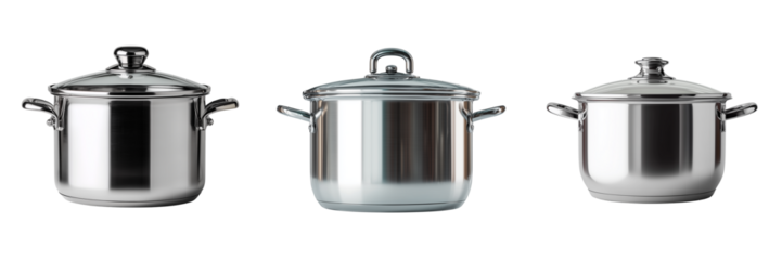 Three stainless steel cooking pots with glass lids arranged in a row isolated on a transparent background
