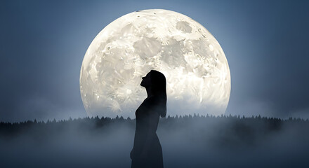 Woman gazes at majestic full moon over misty forest, evoking wonder and dreams.