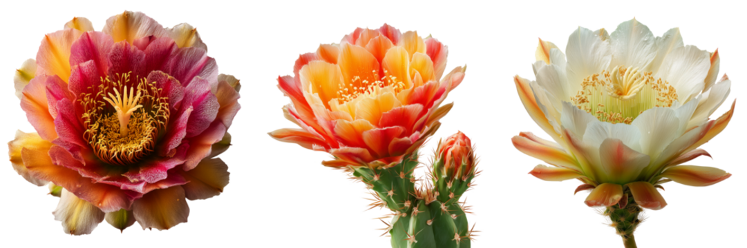 Three vibrant blooming cactus flowers in shades of pink orange and white isolated on a transparent background