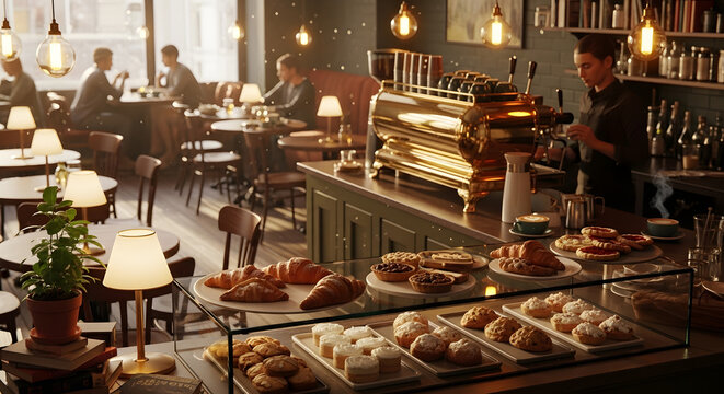 Coffee shop cafe bakery croissants barista espresso pastries cakes interior design restaurant scene