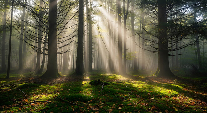 Ethereal forest bathed in mystical sunbeams, illuminating mossy ground with golden light