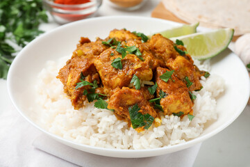 Chicken tikka masala with rice served on white marble table, closeup