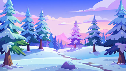 Snowy Forest Landscape with Purple Sunset Sky