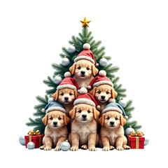 Adorable golden retriever puppies wearing Santa hats sitting in front of decorated Christmas tree with gifts and ornaments, festive holiday illustration for cards and winter artwork