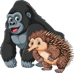 Cartoon gorilla and echidna illustration, animal character design, wildlife contrast, jungle and desert species, cute vector animals, educational art