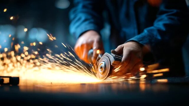 An auto repairman grinds an automobile body hyper realistic grinding sparks with vivid details moody shadows on the vehicle bright saturation in repair tools autobody repair