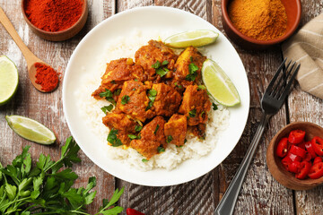 Delicious chicken tikka masala with rice, parsley, lime and spices served on color wooden table, flat lay