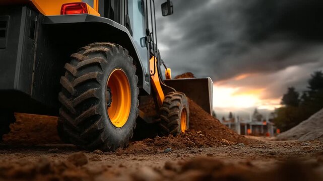 A skid steer loader moves earth at a construction site hyper realistic machine details with vivid textures moody shadows on the ground bright saturation in heavy equipment skid