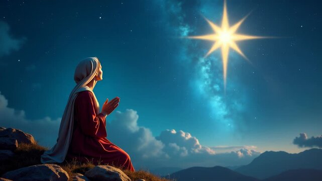 Virgin Mary praying serenely with celestial halo. Religious devotional portrait of blessed mother in meditation against starry universe and shining moon.