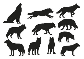 A collection of black silhouettes depicting wolves in various poses