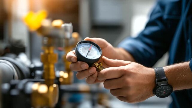 A heating engineer adjusts a meter in a boiler room hyper realistic pipeline details with clear textures moody shadows on metal surfaces bright saturation in plumbing components