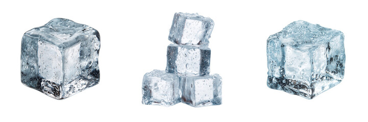 Obraz premium Three arrangements of clear ice cubes with water droplets isolated on a transparent background