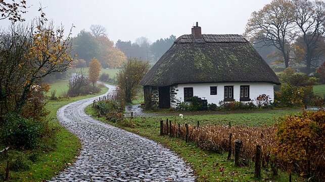 The winding path in front of the thatched hut