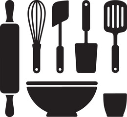 Home Bakery Corner Silhouette Rolling Pin Whisk Spatula Bowl Cup Icon Set