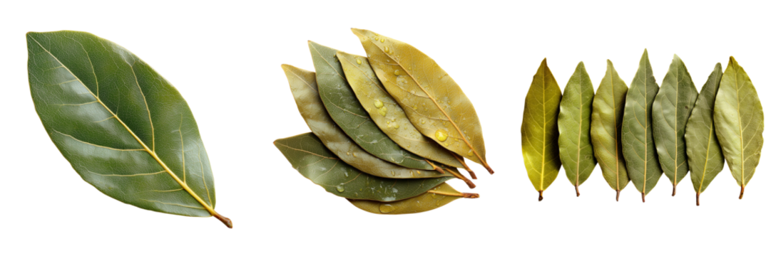 Fresh and dried bay leaves arranged in groups isolated on a transparent background