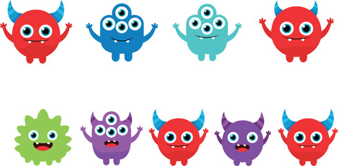 Cartoon monsters vector illustration, colorful cute creatures, kids character design, playful fantasy icons, isolated flat style, cad drawing flat vector illustration