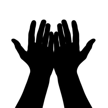 Two dark hands raised upwards against a plain white background