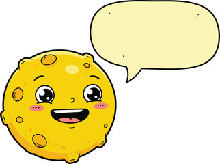 Cartoon moon character, smiling cheese face, cute vector mascot, playful children illustration, funny crater design, blank speech bubble, cad drawing flat vector illustration