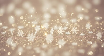 Soft focus shimmering golden bokeh lights and snowflakes creating a magical winter holiday background