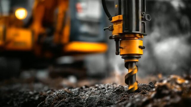A worker drills holes in the ground with a rig machine hyper realistic drill bits with clear details moody shadows on the soil bright saturation in drilling equipment ground